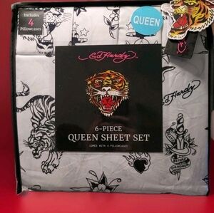 Ed Hardy QUEEN Sheet Set Black and White Tiger Design Tattoo Edgy